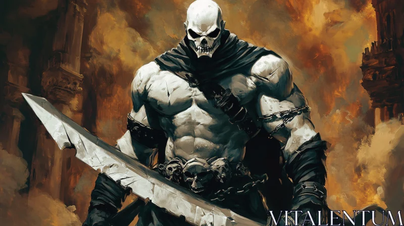 Skeleton Warrior in Fiery Landscape