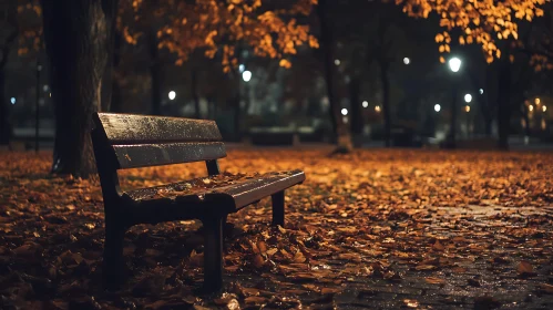 Park Bench in Autumn Leaves at Night