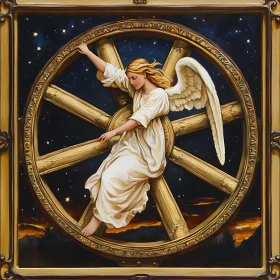 Celestial Angel Resting on Golden Wheel