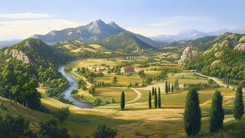 Picturesque River Valley Landscape Art