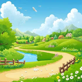 Cartoon Countryside Scene with Winding Path
