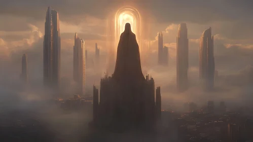 Misty Cityscape with Figure