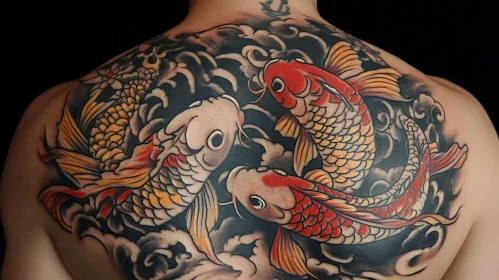 Colorful Koi Fish Back Tattoo