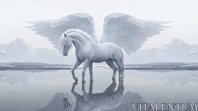 Winged Horse Reflection in Misty Landscape