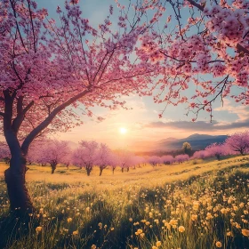 Blossom Trees in Golden Light Landscape