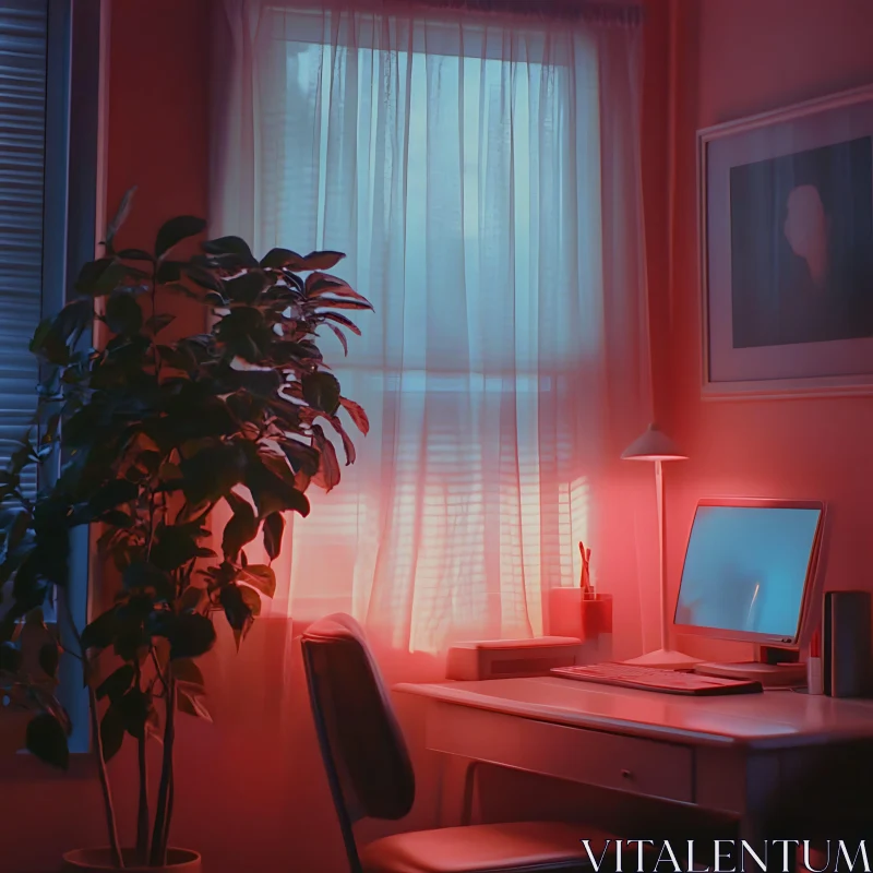 Pink Lit Room Interior with Desk