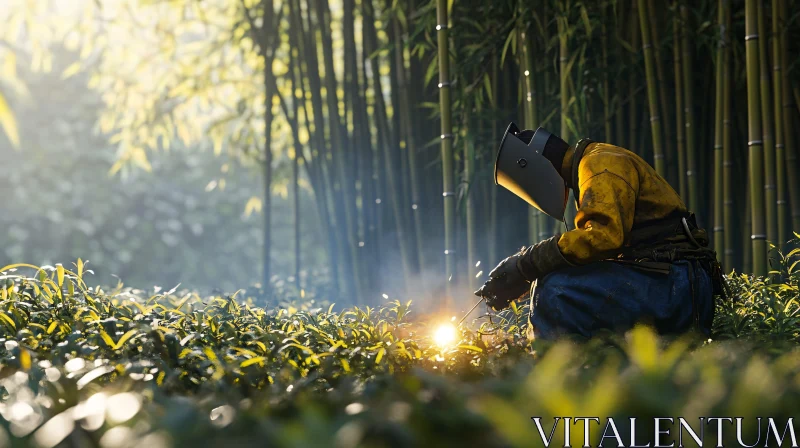 Surreal Welding Scene in Bamboo Forest
