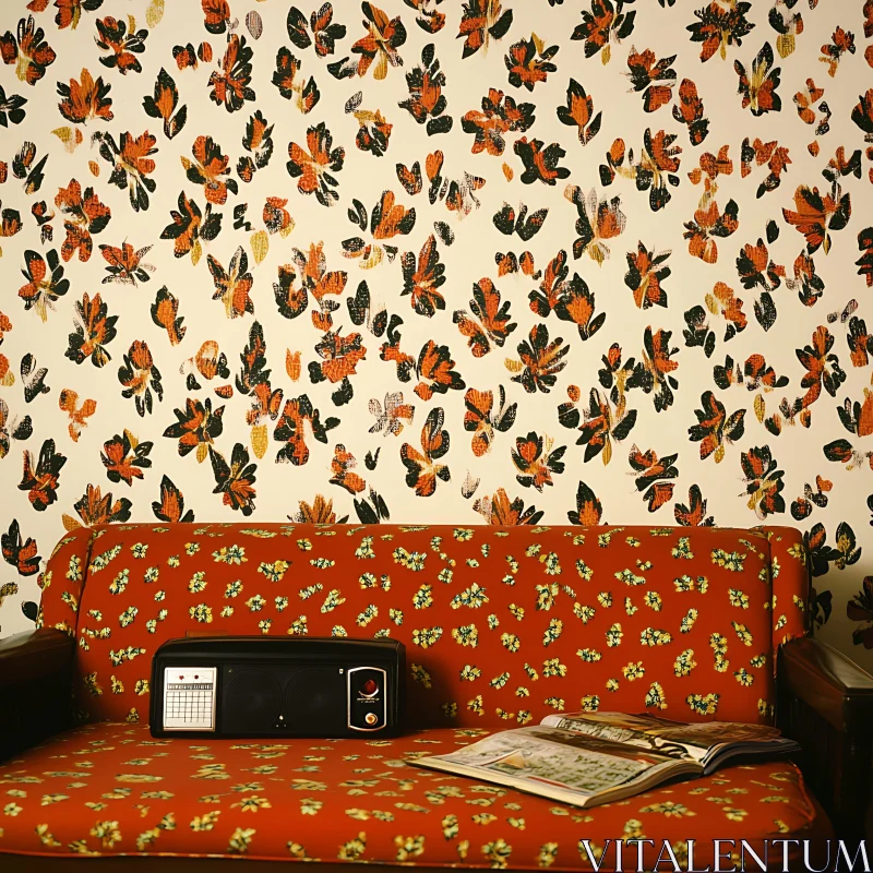 Retro Floral Wallpaper and Couch Scene
