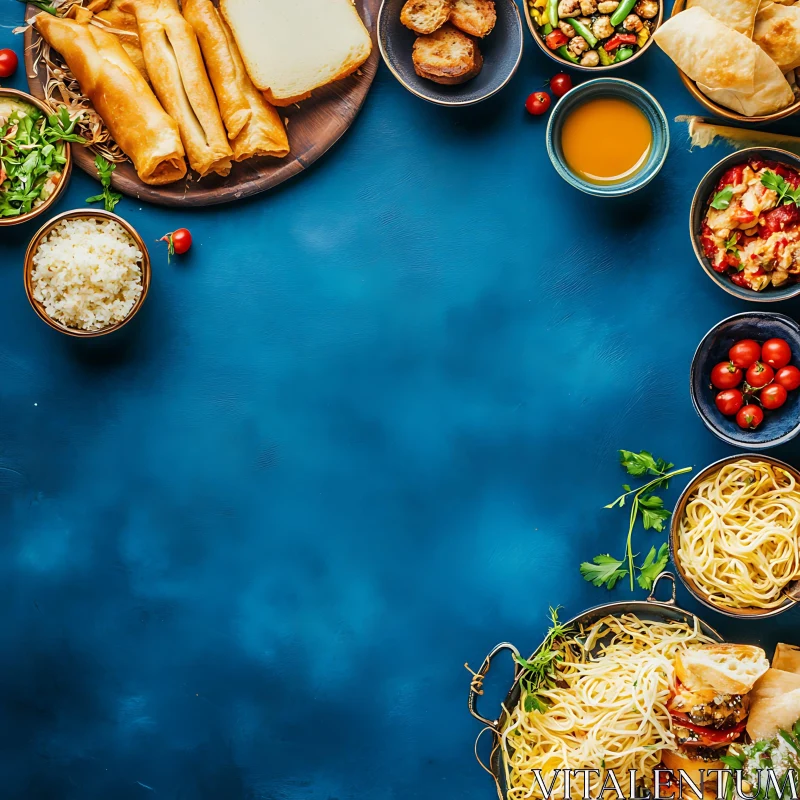 Variety of Dishes on Blue Surface
