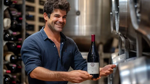 Smiling Man Holding Wine Bottle
