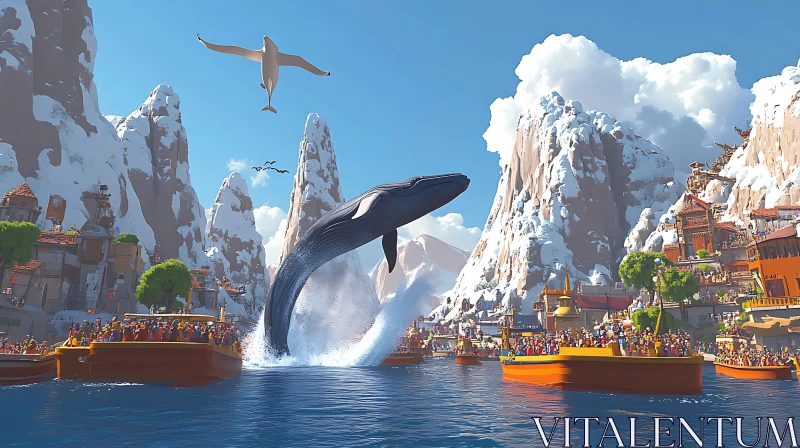 Cartoon Whale Breaching Near Snowy Mountains
