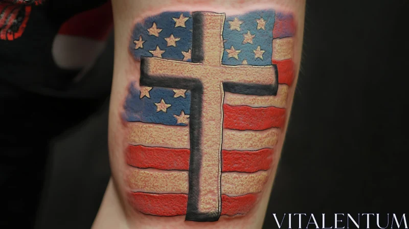 Patriotic American Flag and Cross Tattoo