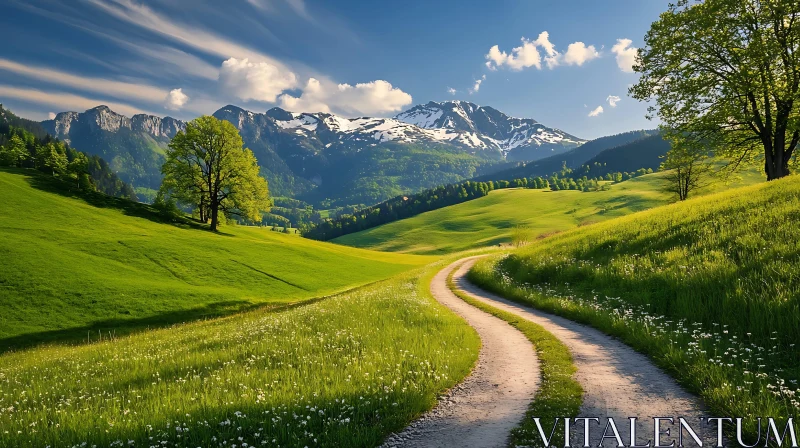 Lush Green Hills and Snow-Capped Mountains