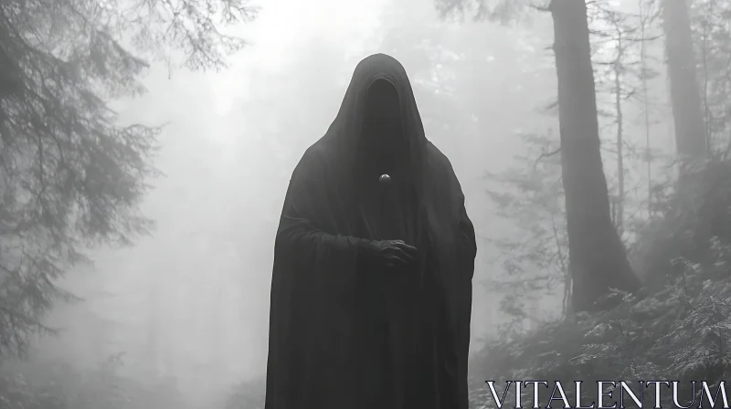 AI ART Cloaked Figure in Foggy Woods