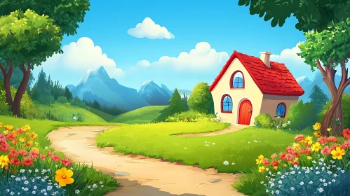 Whimsical Cartoon House with Flowers