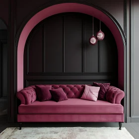 Magenta Couch with Pillows in the Archway