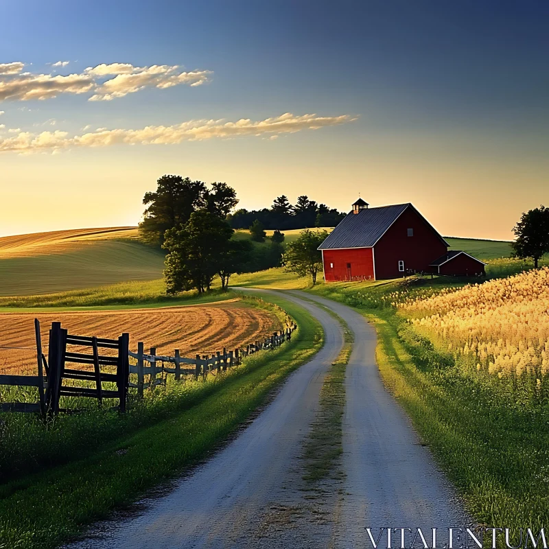 Quaint Barn Landscape at Golden Hour AI Image