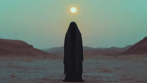 Cloaked Figure in Desert Landscape