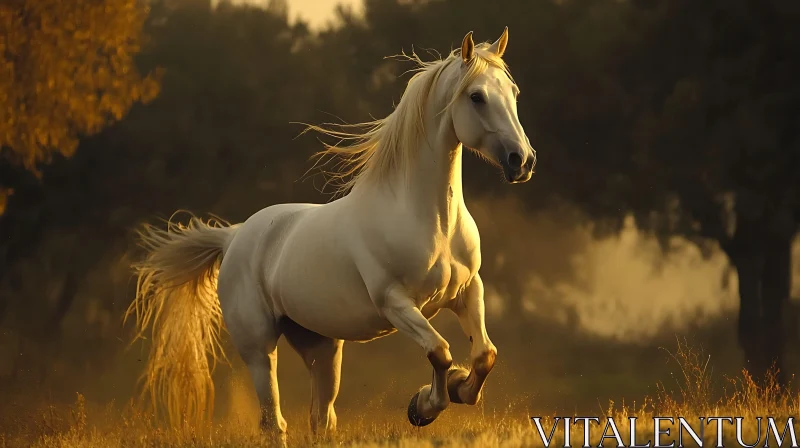 Galloping White Horse in Golden Light