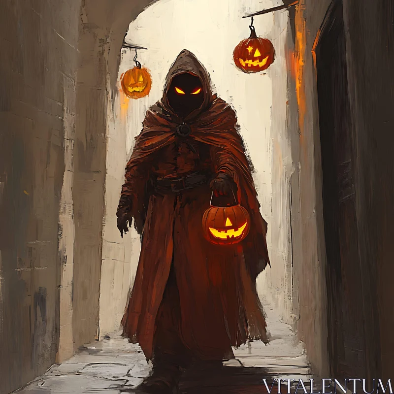 Cloaked Figure with Pumpkins on Halloween