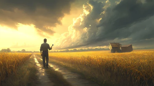 Man Walking in Golden Wheat Field