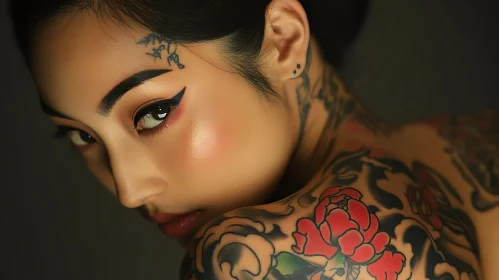 Close-up Tattooed Portrait with Facial and Shoulder Ink Art