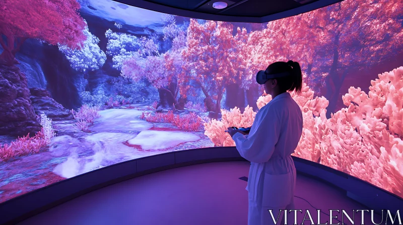 Woman in VR headset exploring digital landscape
