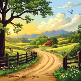 Country Road to Cabin at Sunset