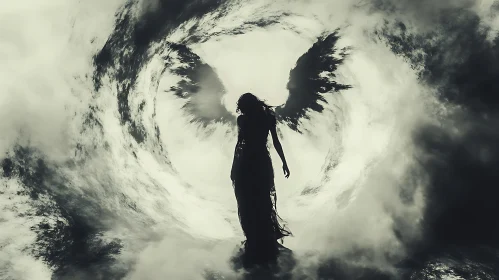 Winged Figure in Ethereal Landscape