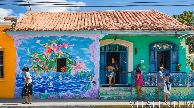 Vibrant Street Scene with Painted Building AI Image