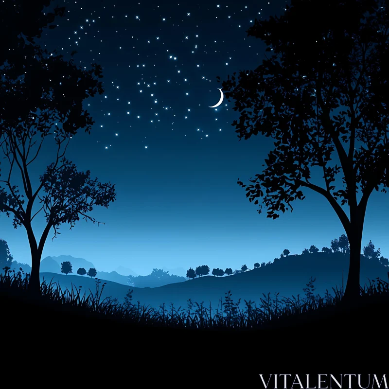 Starry Night Scene with Trees