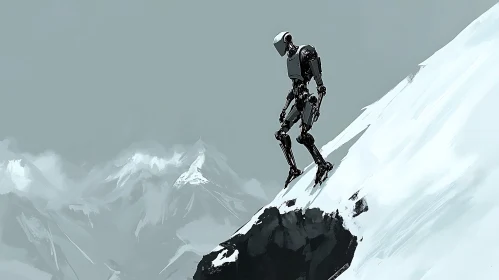Solitary Robot in Snowy Mountains