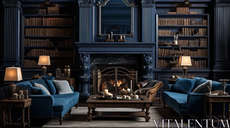 Blue Living Room with Fireplace: Moody Lighting and Carved Books