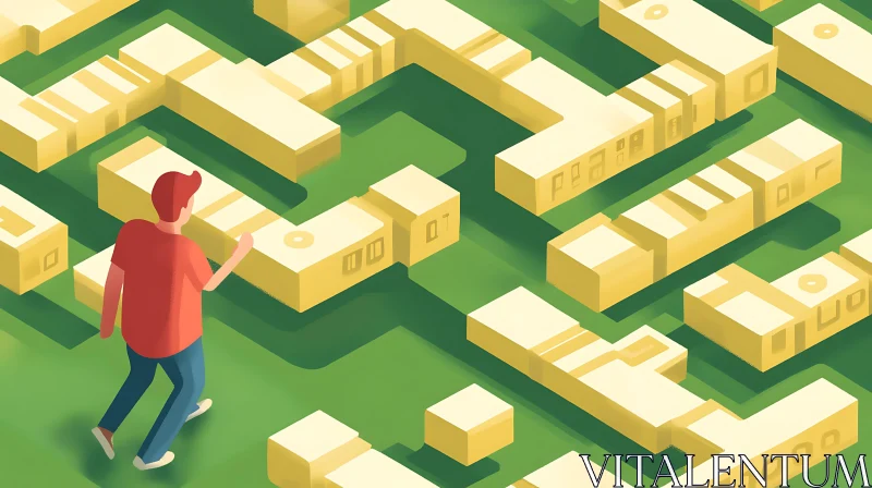 Man Navigating a Yellow Geometric Maze