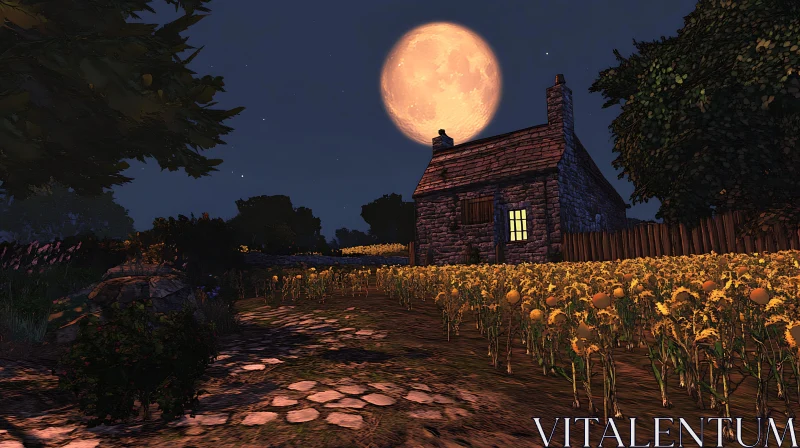 Sunflower Field Cottage Under Moonlight