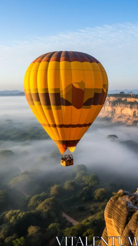 Captivating Yellow and Brown Balloon Floating Amongst Soft Mist and Clouds AI Image