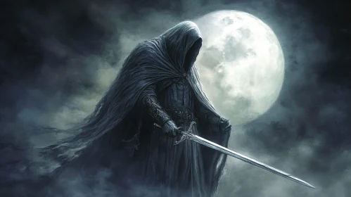 Mysterious Warrior with Sword in Darkness