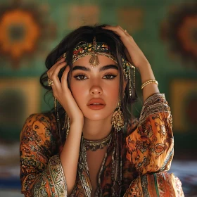 Woman in Ethnic Attire with Gold Accessories