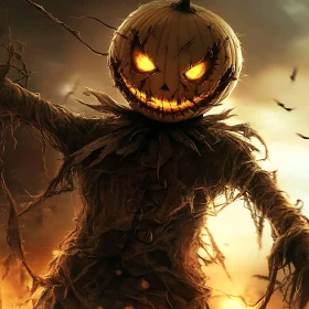 Spooky Scarecrow with Glowing Pumpkin Head