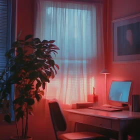 Pink Lit Room Interior with Desk