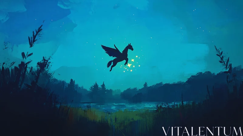 Winged Horse in Night Landscape