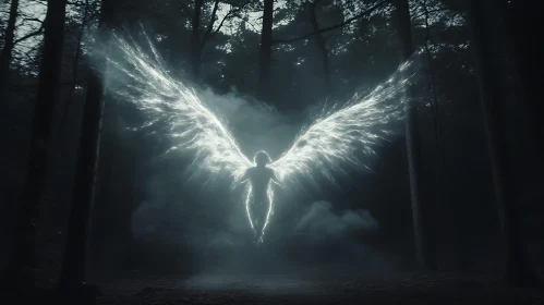 Luminous Angel Wings in Misty Woods