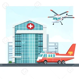 Cartoon Hospital Scene with Ambulance and Helicopter