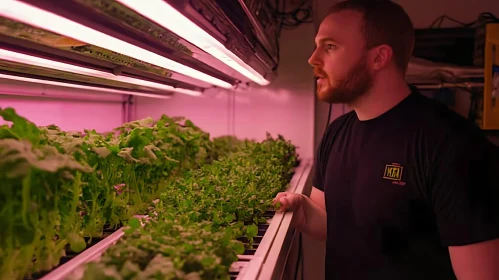 Man Inspecting Indoor Hydroponic Vegetable Garden