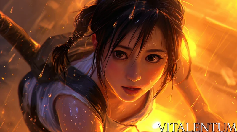 Fiery Fantasy Art: Determined Woman with Sword AI Image