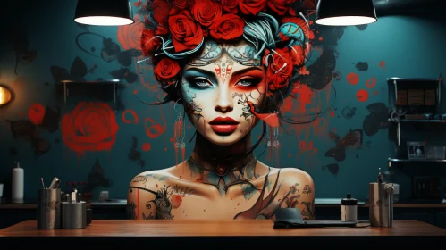 Intriguing Tattoo Art in Dark Turquoise and Light Red