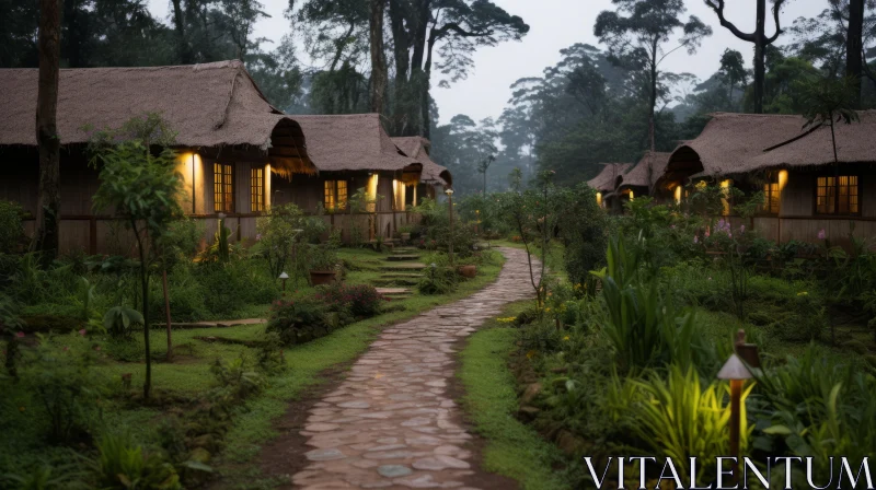 Mysterious Path Through the Night: Rustic Jungle Chalets in Ethereal Ambiance AI Image