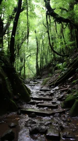 Mystical Stone Path Leading to a Majestic Mountain in a Lush Green Jungle
