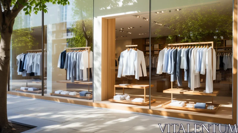 Serene Simplicity in Architecture: Clothing Hangs in Store Window AI Image