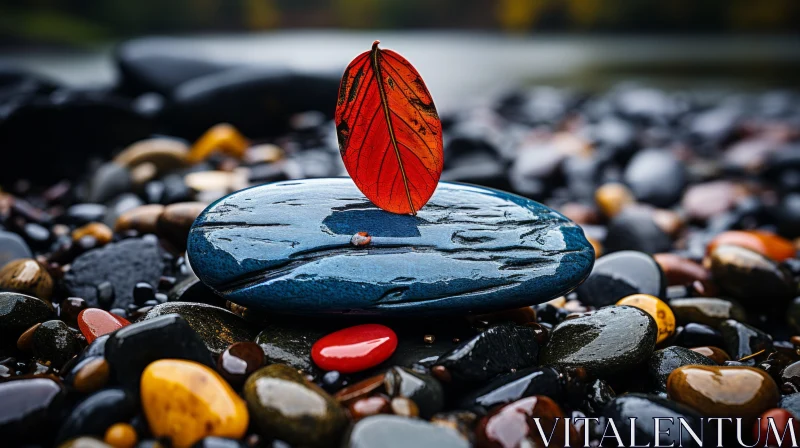 Tranquil Surrealistic Scene: Red Leaf on Blue Rock AI Image